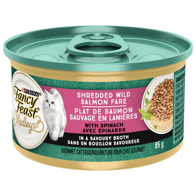 Purina Fancy Feast Shredded Wild Salmon with Spinach in Broth Cat Food 85g - Case of 24