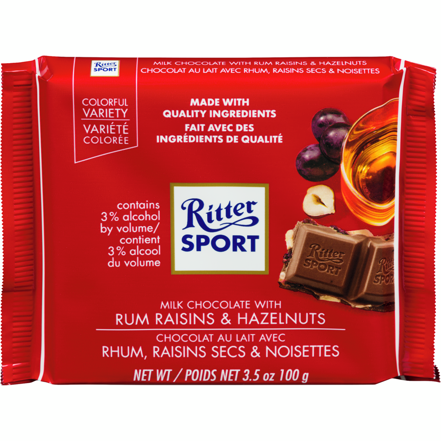 Ritter Sport Milk Chocolate with Rum Raisins & Hazelnuts Bars - 11ct